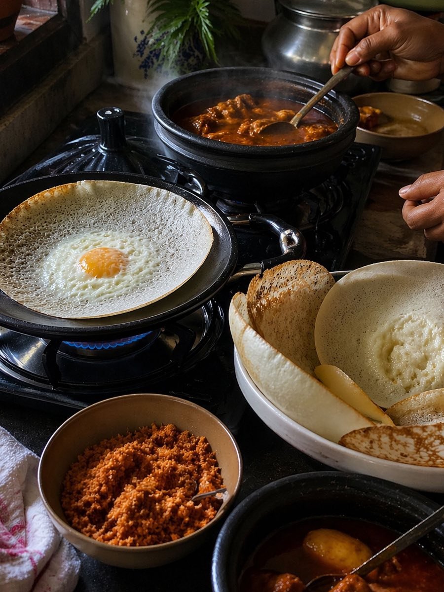 Hoppers and curry in a home kitchen