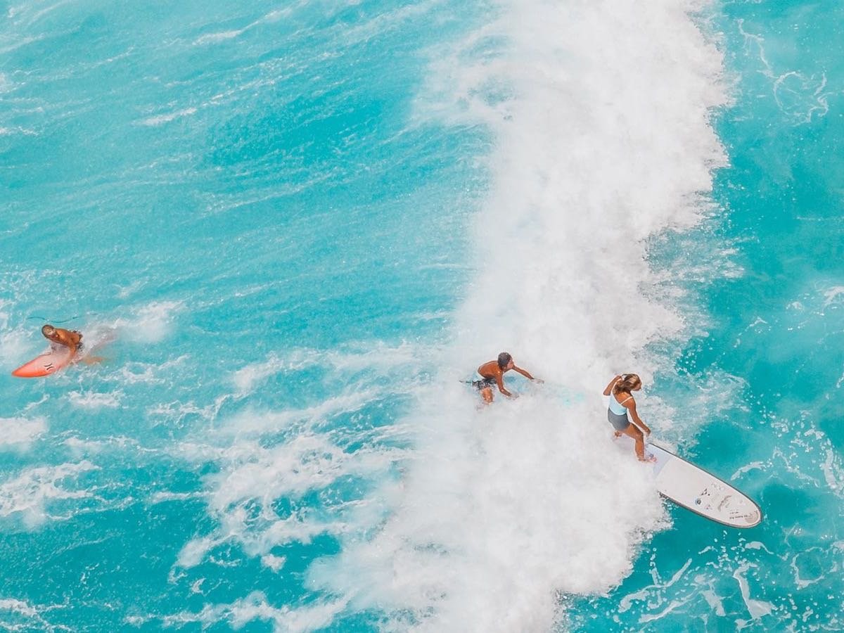 Aerial surf lineup in turquoise water
